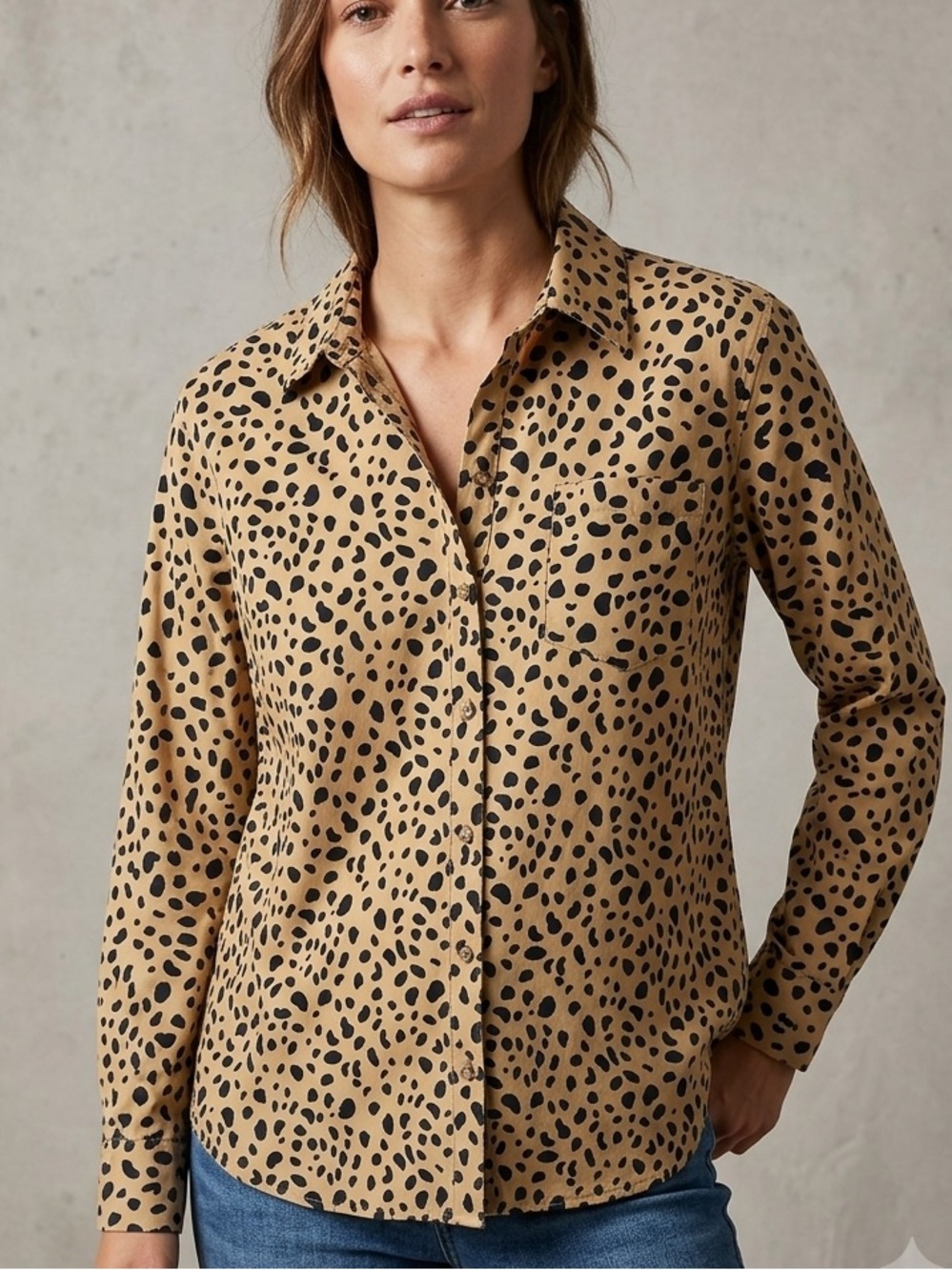 Crown & Ivy Long-Sleeve Leopard Print Shirt - Beige/Black
